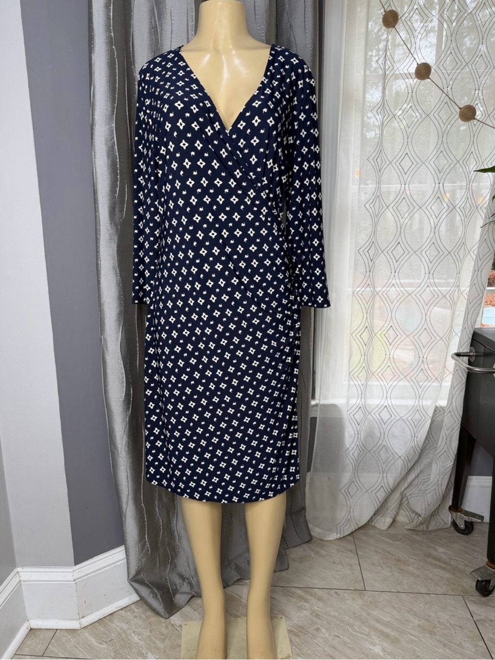Lauren Ralph Lauren 1X Navy White Geometric Faux Wrap Ruched Dress